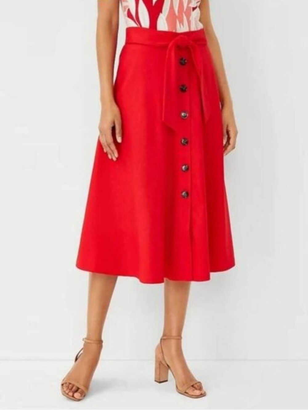 Ann Taylor Petite Linen-Blend Button-Front Tie-Waist A-line Midi Skirt Size OP